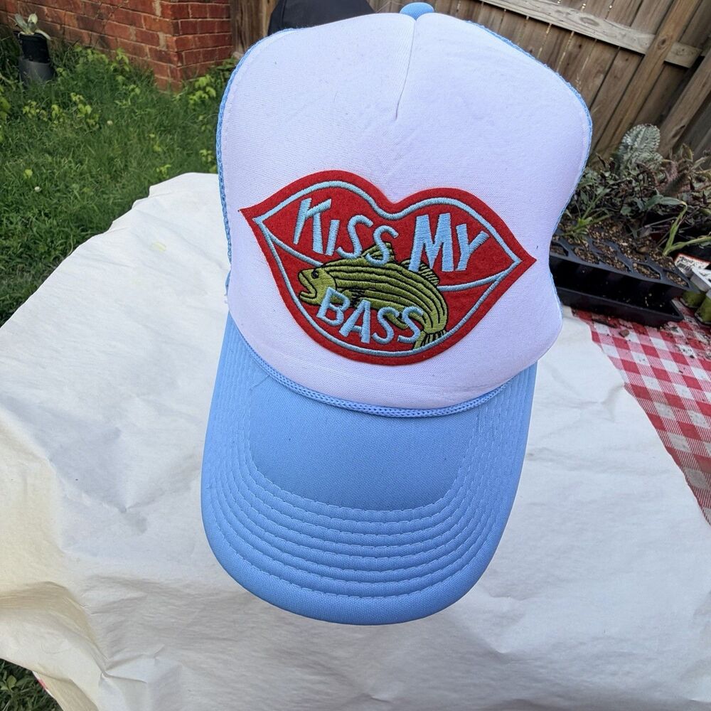 Fishing Hat - Kiss My Bass - Humor - Red Kiss Lips with a Fish